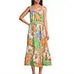 Current Air Patchwork Linen Blend Square Neck Sleeveless Belted Dress